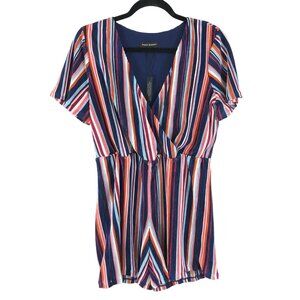 Paris Sunday Romper Shorts Striped Ribbed V Neck Short Sleeve Orange Blue Size S